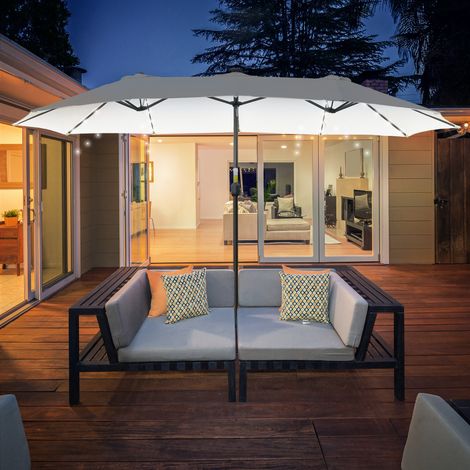 Parasol double avec 48 lumières LED, 4,5 x 2,65 m, manivelle, protection solaire pour terrasse, jardin, piscine, crème (1/5)