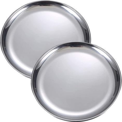 2 bandejas redondas de acero inoxidable de 25 cm, resistentes a la corrosión y aptas para lavavajillas, ideales para salón y cocina. (1/5)