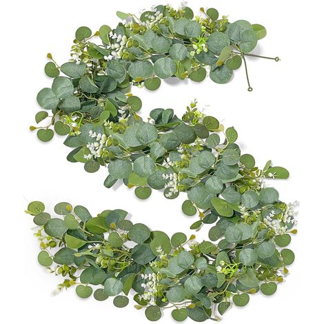 2 Pièces Guirlande, 1,8 m, Feuilles Eucalyptus, Fleurs Blanches, Plastique, Intérieur Extérieur, Mariage Fête