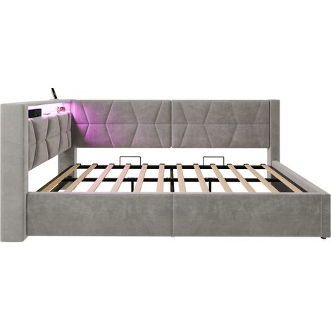 Polsterbett 90x200 cm mit Stauraum, LED, USB und Typ-C, grauer Samt (1/5)