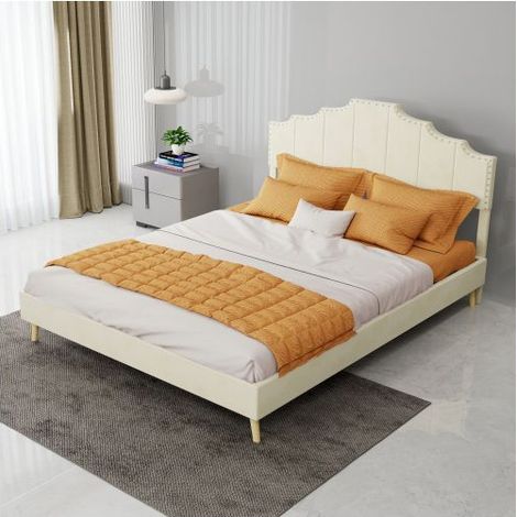 Lit Rembourré 140x200 cm Beige Tissu Confortable - Lit double - Tête de lit géométrique Design Moderne Sommier Lattes Inclus Solide (1/5)