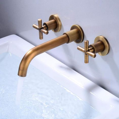 Rubinetto per lavabo antico in ottone nero, a due maniglie, rubinetto per lavabo a parete in cromo, attacco per acqua calda e fredda, color oro, miscelatore per lavabo (1/2)