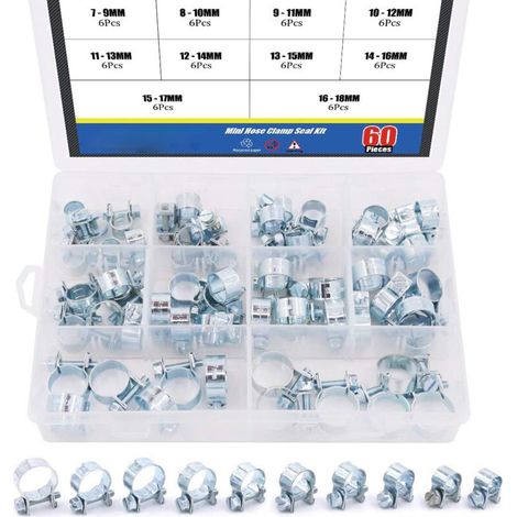 Lot de 60 mini colliers de serrage pour tuyau à essence diesel 10 tailles (1/4)