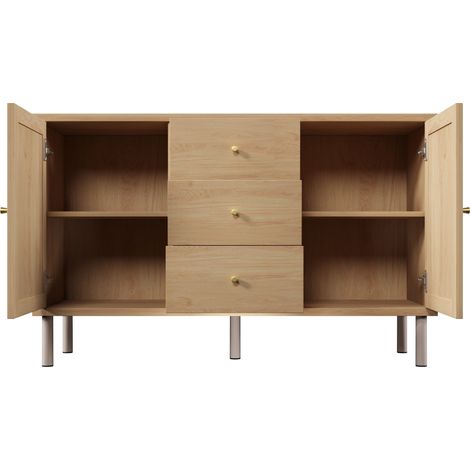 Commode style campagne 120x40x75 cm en MDF chêne avec 2 portes et 3 tiroirs, pieds métal, étagères réglables (1/5)