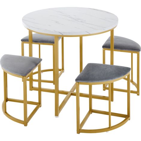 Ensemble table à manger avec quatre chaises, ensemble repas avec plateau en MDF et cadre en fer doré, chaises en velours, table et chaises design luxe moderne, gris (1/5)