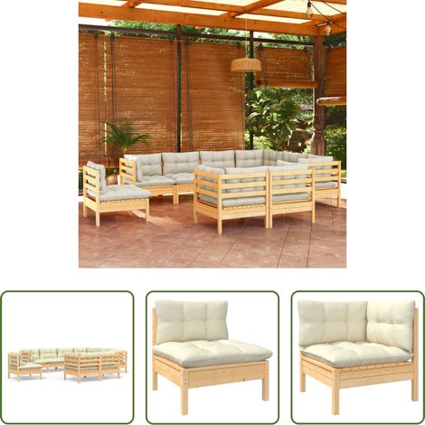 Terrassensofa - 9-tlg. Garten-Lounge-Set mit Creme Kissen Massivholz Kiefer (1/5)