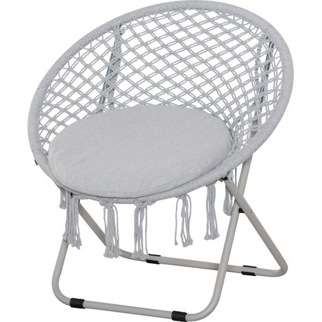 Fauteuil Papasan Pliable Macramé Gris Coton Polyester Loveuse Rond Jardin Grand Confort
