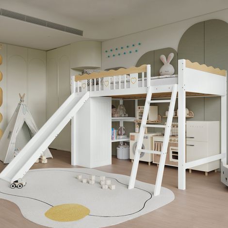 MODFU – Cama alta infantil 90x200 cm de pino/MDF con tobogán, armario, compartimento, barandilla de 4 lados y FSC – Blanco/natural (1/5)