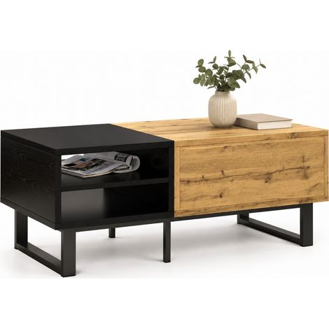 Mesa de centro con compartimentos y cajón, 100 x 50 x 40 cm, madera y negro, patas metálicas (1/5)