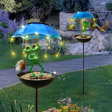 Mangeoire à oiseaux solaire pour jardin (motif grenouille) – Idée cadeau, mangeoire pour colibris, lampe décorative d'allée,, statue lumineuse d'extérieur avec ruban LED et parasol (1/4)
