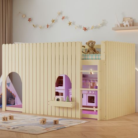 Lit mezzanine 90x200 cm, Lit enfant surélevé avec barrières de sécurité et bande LED multicolore, avec fenêtres arquées, Bois de pin, Naturel (1/5)