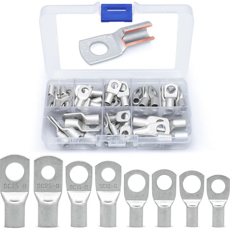 60 Pcs Cosses Électrique Trou boulon en Cuivre Étamé Connecteurs SC à sertir/souder pour câble de 6m㎡ 8m㎡ 10m㎡ 16m㎡ 25m㎡