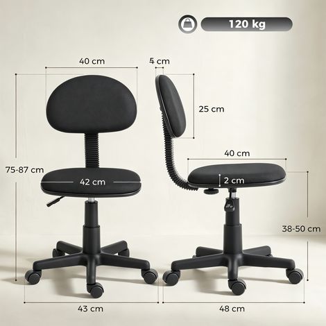 Chaise de bureau sans accoudoirs, réglable en hauteur, avec roulettes pivotantes à 360°, dossier bas, noire (1/5)