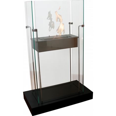 Bio-cheminée au sol Atlanta Noir 2 kW – structure en acier + base en bois, 4 vitres – Tecno Air System (1/3)