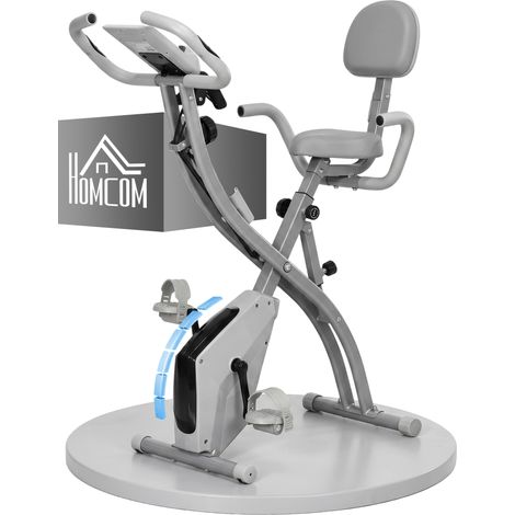 Cyclette pliable 2 en 1 grise avec resistance magnetique reglable 8 niveaux, capteur de frequence cardiaque, elastiques pour bras, ecran LCD et volant 2.5kg (1/5)