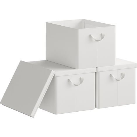 Lot de 3 Boîte de Rangement WOLTU, 48x36x30 cm, avec Couvercle, Coffre de Rangement en Tissu non Tissé, Pliable, Blanc