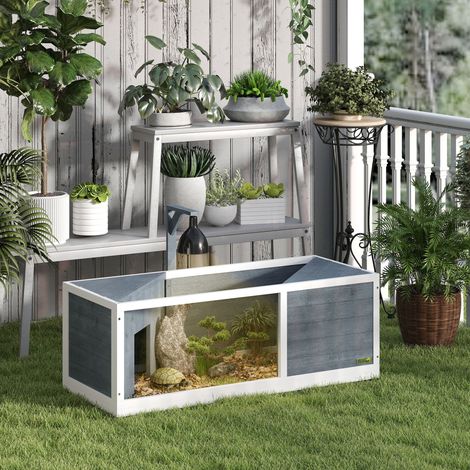 Maison tortue avec toit facile à ouvrir, 120 x 50 x 40 cm, dispositif lampe, façade transparente, gris