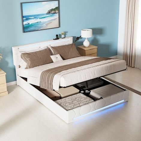 Doppelbett - 160x200 cm - Hydraulischer Stauraum - Integriertes RGB-LED - Dreifach-Ladeanschluss