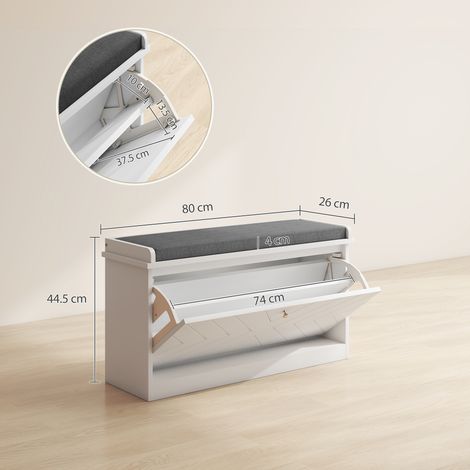 Banc à chaussures gain de place avec coussin et tiroir pliable (8 paires de chaussures), 80 x 26 x 44,5 cm, blanc (1/5)