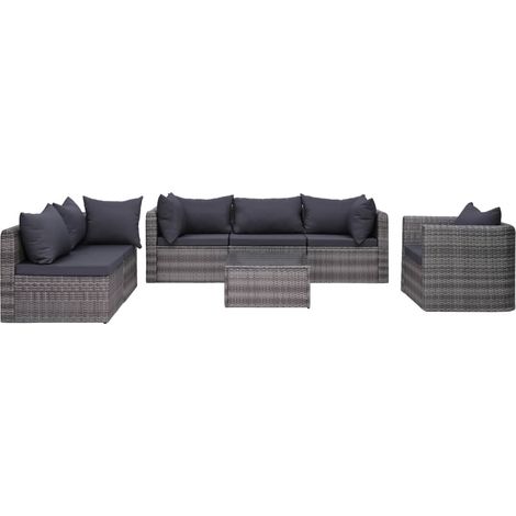 7-tlg. Garten-Sofagarnitur mit Polster&Kissen Poly Rattan Grau