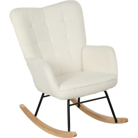 Fauteuil à bascule avec aspect polaire berbère, accoudoir et patins en bois, Blanc (1/5)