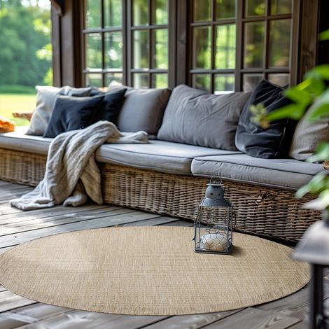 Tapis intérieur extérieur Rond 160 cm Beige Lavable imperméable Tissage Plat pour terrasse Jardin Salon Cuisine et Salle à Manger (1/5)