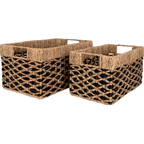 TESSY - Lot de 2 Paniers Rectangles en Fibre Naturelle Motifs Géométriques Noir et Naturel (1/5)