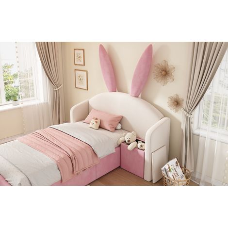 Cama 90x200 cm de terciopelo beige y rosa, con almacenaje, para juguetes, sin colchón – MEUBLIV (1/5)