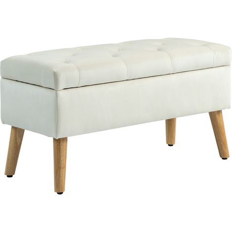 Banc/coffre de rangement, idéal pour la salle à manger, tissu effet velours, pieds en bois, charge max 120 kg, 80 x 35 x 42 cm, crème (1/5)