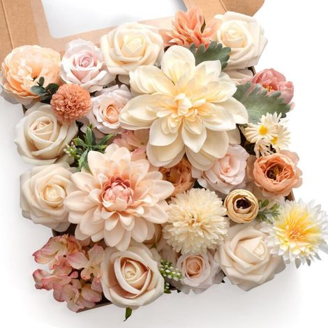 Fleurs artificielles en soie assorties, roses, pivoines et dahlias artificiels mélangés avec tige pour bouquets de mariage, centres de table, compositions florales pour gâteaux et décorations de fêtes (1/5)