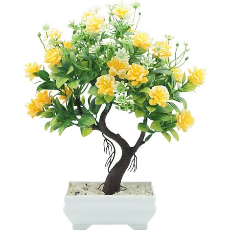 Plante Artificielle Rose Et Pin - Décoration Intérieure Et Extérieure - Pot Simulé Durable - Couleur Jaune (1/2)