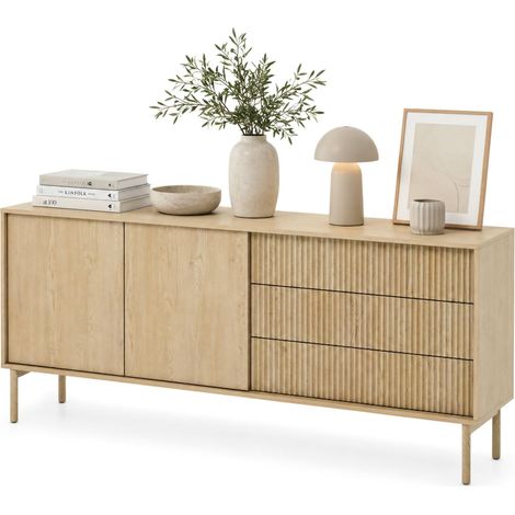 Credenza Haza, Madia 3 Cassetti, 2 Ripiani, Apertura Battente, Scorrevole, 187x40x80h cm Marrone Rovere