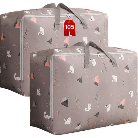Grand Sac de Rangement 2Pièces, Housse Rangement Couette Vetement Sac Demenagement Sous Lit Penderies Organiseur Pliable épais avec Poignées pour Drap Vêtements Linge Literie Jouet (105L) (1/5)
