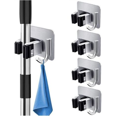 4Pcs Accroche Balai Mural, Porte Balais Mural Sans Percage, Auto-adhésif Support Balais Mural Acier Inoxydable, Cuisine