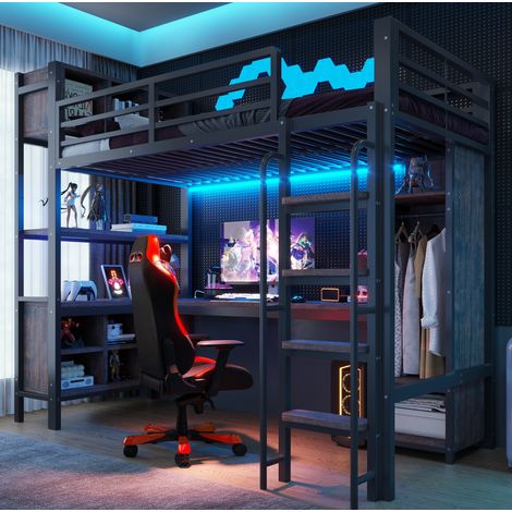 Letto a soppalco multifunzione 229.2x95x185 cm con scrivania, armadio, LED, prese EU, metallo nero (1/5)