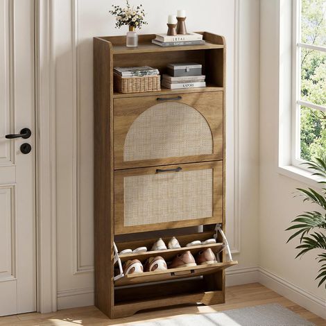 Rattan Shoe Rack, 3 Doors and Open Space, Adjustable Shoe Box, Shelf for Entrance, Living Room, Hallway, 60 x 24 x 137 cm, Brown (1/5)