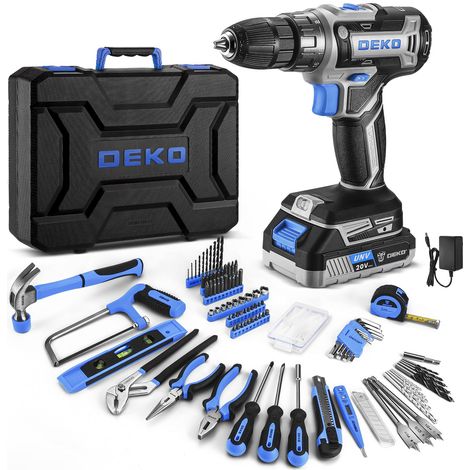Caisse à Outils Complète 186 Pièces: Boîte à Outils Bleu avec Perceuse Visseuse Sans Fil 20V, 1.5Ah Batterie, pour Maison, Bureau et Voiture, pour Entretien Quotidien (1/5)
