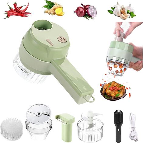 Set affettatrice elettrica 4 in 1 per verdure, tritatutto elettrico multifunzionale per aglio, robot da cucina con spazzola, per aglio, peperoncino, cipolla e zenzero. (1/5)