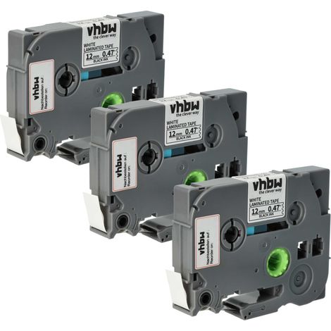 vhbw 3x Label Tape compatible with Brother PT 2730, 2730VP, 300B, 300SP, 300 Series Label Printer 4m x 12 mm, Black on White, plastic, Laminated (1/4)