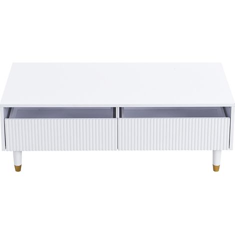 Table basse moderne avec LED multicolore, 110 x 50 x 40 cm, pieds en bois massif or et blanc, 2 tiroirs (1/5)
