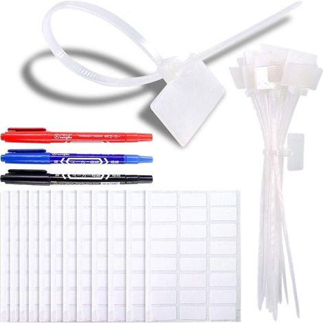 Attaches-câbles marqueurs en nylon, étiquettes de cordon auto-sécurisantes, pour écrire des étiquettes Ethernet, avec 3 marqueurs et 288 étiquettes blanches (1/5)