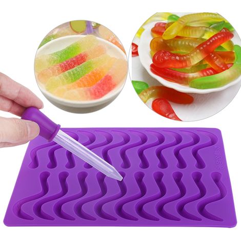 Silikonform mit 20 Fächern für Gummibärchen-Würmer, Schokoladenbonbons und Gummibärchenkuchen mit Pipette (1/5)