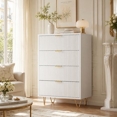 Commode 4 tiroirs blanche 60 x 34 x 91 cm - Panneaux de particules en bois massif - Salon/Chambre - Scandinave/Moderne - Poignées et pieds en métal