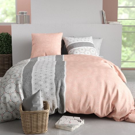 Parure housse de couette 260x240cm + 2 taies motif graphique rose et gris 100% coton - CLEOPHÉE (1/4)