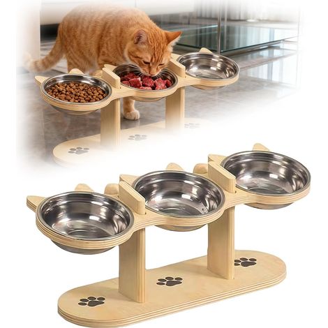 Gamelle Chat Surélevée, Gamelle Surelevee pour Chat avec 3 Bols en Acier Inoxydable et Support en Bois, 15° Incliné pour Nourriture et Eau, pour Chats et Petits Chiens (1/5)