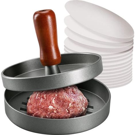 molde para hamburguesas y 100 hojas de papel para hamburguesas de 11 cm, Molde para carne de aleación de aluminio, Mango de palisandro (1/5)