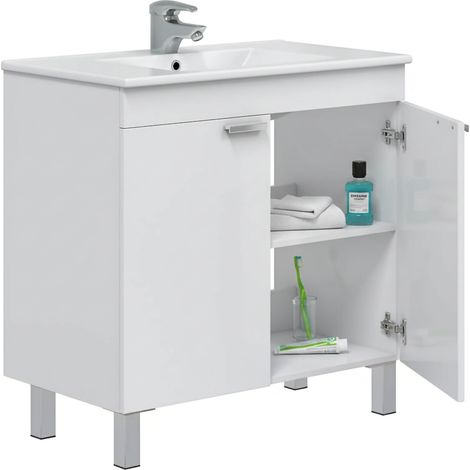 Unterschrank Massiola, 2 Türen, Drehöffnung, Aluminiumfüße, 80x45x80h cm, Hochglanz Weiß
