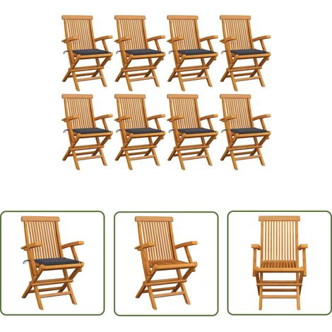 The Living Store Chaises de jardin avec coussins anthracite lot de 8 Teck massif - Chaise De Jardin - Mobilier De Jardin - Fauteuil De Jardin - Set De Chaises De Jardin - Terrasse (1/5)