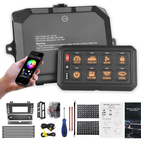 Panneau Commande 12V RGB 8 Gang Bluetooth APP 60A Panneau tactile RGB 12V avec contrôle APP Bluetooth, gradation LED et boîtier 60A. Compatible voiture, bateau, RV et ATV (1/5)