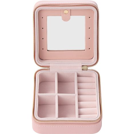 Coffret à Bijoux Compact, Rangement Portable avec Miroir, Fermeture Éclair, PU, Rose (1/5)